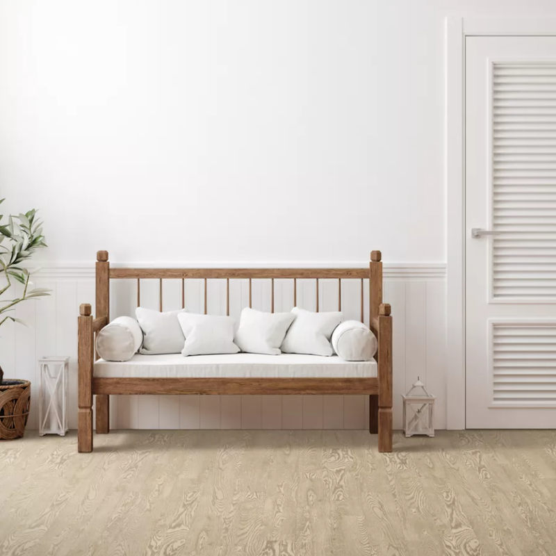 Stylish bench in a bright hallway with vinyl flooring